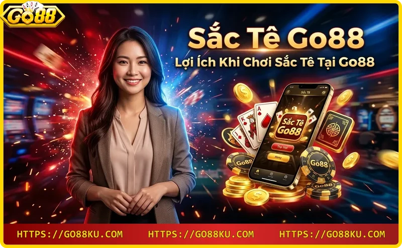 Điện thoại hiển thị giao diện game Go88 với nhiều tựa game và ưu đãi.